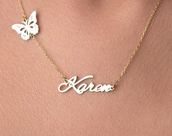 Personalized Butterfly Name Necklace, Custom Name Pendant
