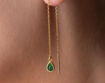 Orecchini a infilare con pietra portafortuna personalizzata, orecchini pendenti lunghi minimalisti, regalo delicato per la mamma