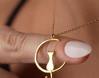 Collar Gato en la Luna, Regalo para el Día de la Madre, Joyería para Mamás Gatunas,