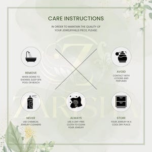 Puede incluir: Un gr&aacute;fico de instrucciones de cuidado para joyas. El texto incluye instrucciones para quitarse las joyas antes de ducharse, evitar el contacto con lociones, nunca usar limpiadores qu&iacute;micos, usar siempre un pa&ntilde;o sin pelusa y guardar en un lugar fresco y seco.
