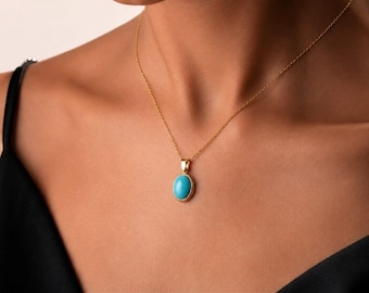 Collar con colgante ovalado de turquesa, collar con piedra natal de diciembre, collar de plata de ley