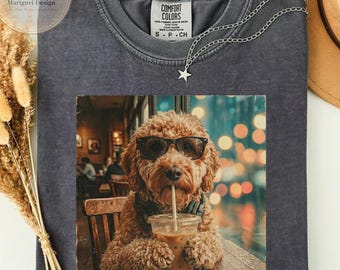 Funny Dog Coffee Shirt, Cute Goldendoodle Cafe Tee, Dog Lover Gift, Coffee Drinking Puppy Shirt, Trendy Pet Graphic T Shirt