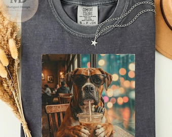 Funny Boxer Dog Coffee Shirt, Hipster Puppy Graphic Tee, Cute Dog Lover Gift, Comfort Colors Cafe Aesthetic T-Shirt, Vintage Pet Owner Tee