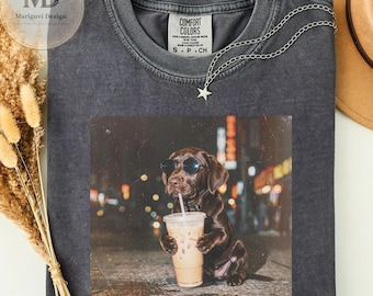 Comfort Colors Funny Labrador Retriever Drinking Iced Coffee Shirt, Retro Dog Lover Gift, Cute Dog Mom Unisex T-Shirt