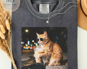 Funny Cat Iced Coffee Shirt, Cool Cat Graphic Tee, Coffee Lover Gift, Retro Aesthetic Cat Shirt, Cute Kitty Cafe Tee Unisex