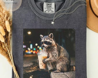 Funny Raccoon Drinking Iced Coffee Shirt, Animal Meme Graphic Tee, Trash Panda Drinking Tee, Cool Animal Graphic T-Shirt