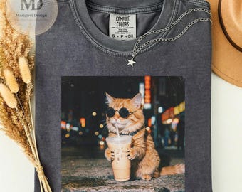 Funny Cat Iced Coffee Shirt, Cool Cat Graphic Tee, Coffee Lover Gift, Retro Aesthetic Cat T Shirt, Cute Kitty Cafe Tee Unisex