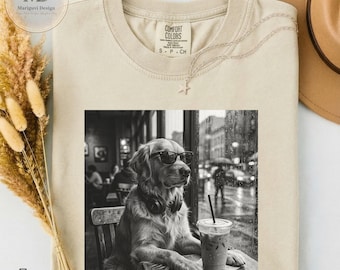 Golden Retriever Coffee Shirt, Dog Lover Gift, Vintage Black and White Dog Tee, Trendy Pet Graphic Shirt, Cute Dog Mom Gift