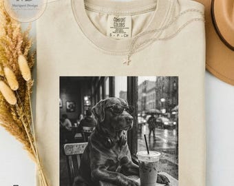 Labrador Coffee Shirt, Black Lab Dog Lover Gift, Vintage Black and White Labrador Tee, Trendy Pet Graphic Shirt, Dog Mom Gift
