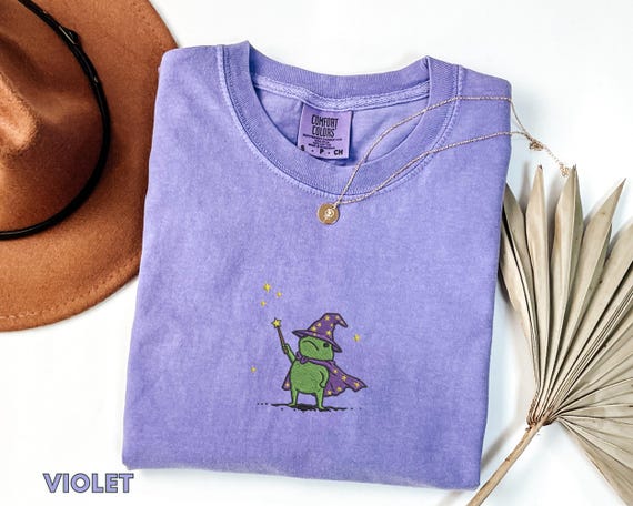 Embroidered Wizard Frog Comfort Colors Shirt, Magic Toad Fantasy Art Tee, Whimsical Gift