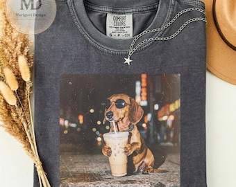 Funny Dachshund Coffee Shirt, Wiener Dog Lover Gift, Cool Sausage Dog Tee, Trendy Pet Graphic T Shirt, Cute Doxie Owner Gift