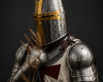 Handmade Knight Armor Set: Polished Steel Templar Suit with Surcoat