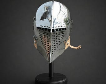 Elmo medievale in acciaio lucidato, replica di armatura, indossabile, da esposizione, da collezione, per cosplay, LARP, Rinascimento.