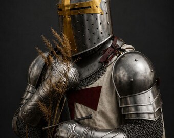 Handmade Knight Armor Set: Polished Steel Templar Suit with Surcoat