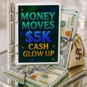May include: An image featuring a clear binder with the text "MONEY MOVES $5K CASH GLOW UP" on a dark green background. Stacks of $100 bills are visible, along with a small burlap sack with a dollar sign.