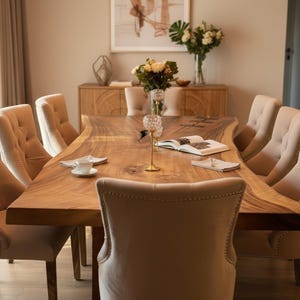 Peut inclure: Une grande table à manger en bois massif avec des bords naturels, entourée de huit chaises rembourrées. La table est ornée d'une tasse, d'un livre ouvert et d'objets décoratifs. Un buffet en bois et des œuvres d'art sont en arrière-plan.