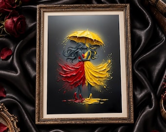 Sapphic Wall Art | Lesbian Couple Print | Textured Impasto Art | Red & Yellow Romance | Digital Download