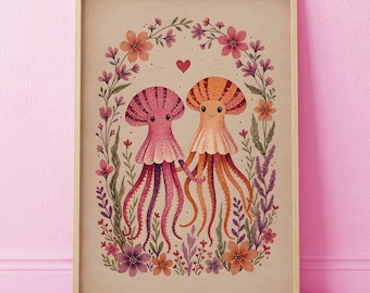 Sapphic Sea Life Art Print | Two Squid, Heart, Floral (Digital Download)