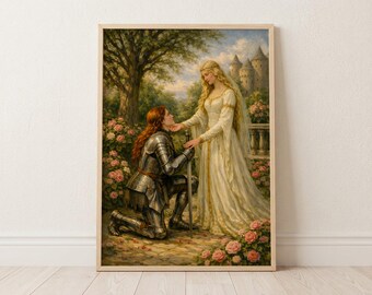 Medieval Sapphic Couple Fantasy Art Print | Knight, Princess, Roses (Digital Download)