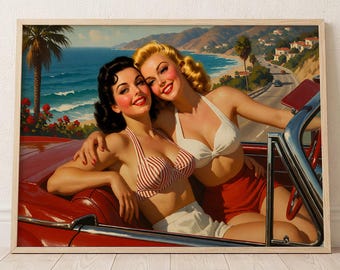 Vintage Lesbian Beach Art Print | Retro Sapphic Couple Coastal Wall Decor (Digital Download)