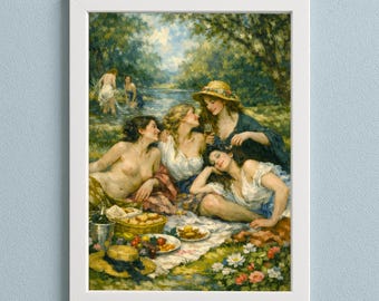 Sapphic Picnic Art Print | Vintage Garden Wall Art | Lesbian Romance | Digital Download