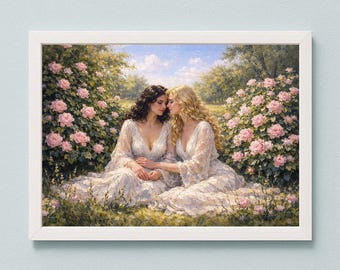 Sapphic Rose Garden Print | Impressionist Couple Wall Art (Digital Download)