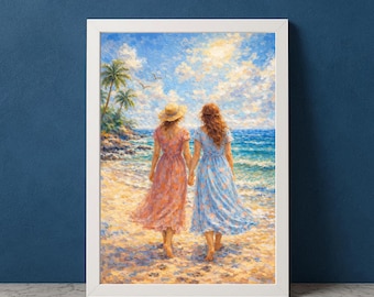 Seaside Lovers Wall Art Print | Sapphic Beach Painting | Romantic Coastal Decor