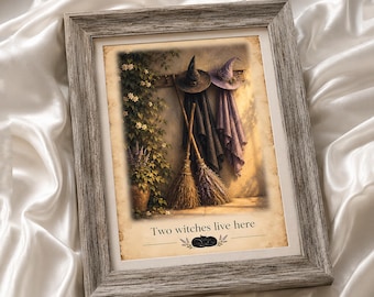 Vintage Witch Wall Art, Two Witches Live Here, Cottagecore Decor (Digital Download)