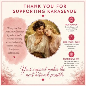 May include: A square thank you card for Karasevde featuring a central circular illustration of two people embracing. The text reads: Thank you for supporting Karasevde, Independent, Made with care, Meaningful art, and Your support makes the next artwork possible.