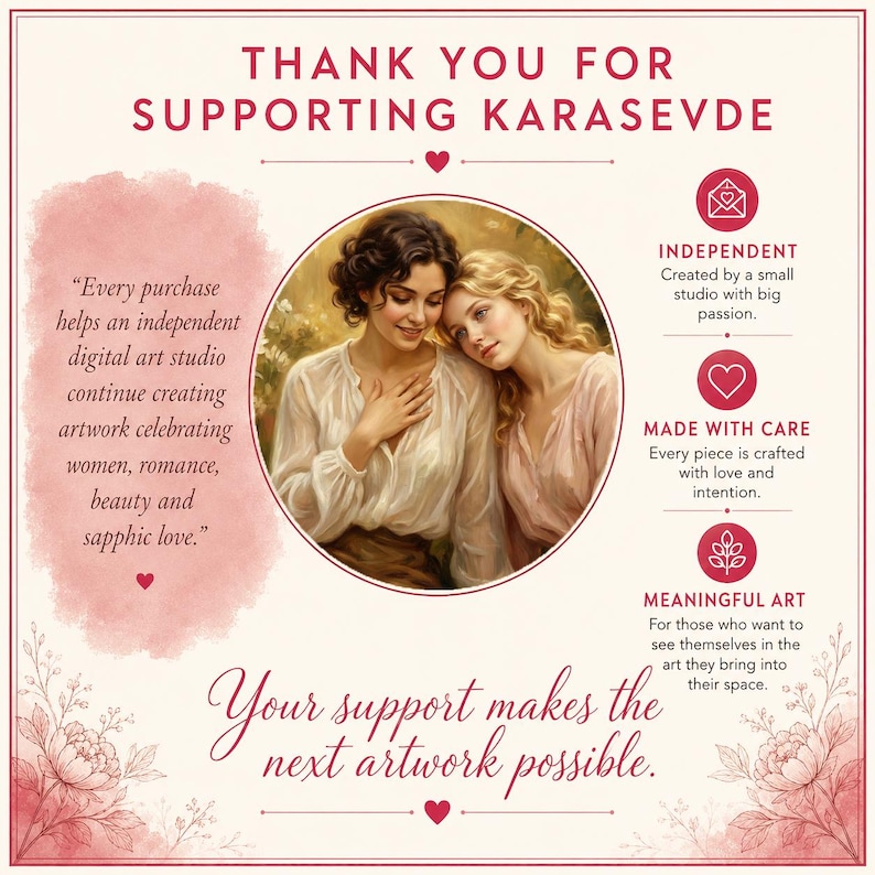 May include: A square thank you card for Karasevde featuring a central circular illustration of two people embracing. The text reads: Thank you for supporting Karasevde, Independent, Made with care, Meaningful art, and Your support makes the next artwork possible.