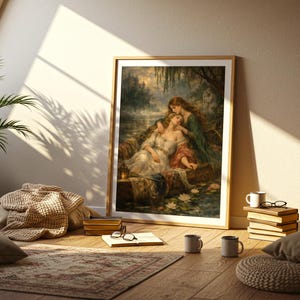 May include: A framed rectangular wall art print featuring a painting of two figures in a small boat on a dark, misty lake. One figure wears a white dress and the other a dark green garment. The scene includes water lilies and a small lantern.
