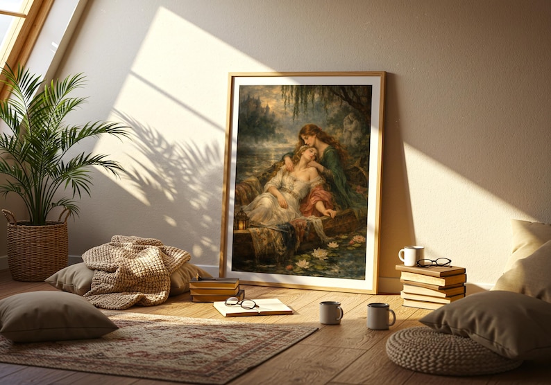 May include: A framed rectangular wall art print featuring a painting of two figures in a small boat on a dark, misty lake. One figure wears a white dress and the other a dark green garment. The scene includes water lilies and a small lantern.