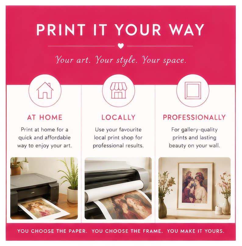 May include: A pink informational graphic titled PRINT IT YOUR WAY. It outlines three printing options: AT HOME using a desktop printer, LOCALLY at a print shop, and PROFESSIONALLY with a framed art print. The text reads: Your art. Your style. Your space. YOU CHOOSE THE PAPER. YOU CHOOSE THE FRAME. YOU MAKE IT YOURS.
