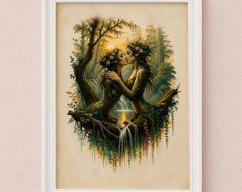 Lesbian Couple Fantasy Art Print | Sapphic Forest Lovers | Enchanted Woodland Wall Art
