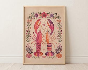 Sapphic Lobster Couple Art Print | Watercolor Sea Life, Botanical Nautical Wall Art (Digital Download)
