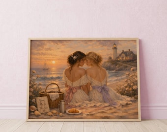 Lesbian Couple Seaside Sunset Print | Romantic Beach Picnic Wall Art (Digital Download)