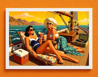 Vintage Lesbian Pulp Art Print | Sapphic Couple Sailboat Coastal Wall Art (Digital Download)