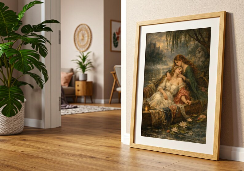May include: A framed wall art print featuring a painting of two figures in a small boat on a dark, misty lake. One figure wears a white dress and rests, while the other in a dark green robe leans over them. A small lantern glows near the water lilies.