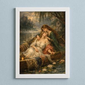 Sapphic couple wall art - Lesbian wall art digital download showing sapphic reinterpretation of Lady of Shalott, romantic fantasy scene with two women in a boat under twilight.