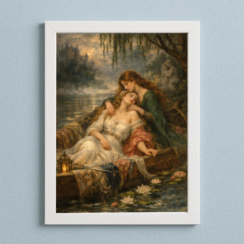 Sapphic couple wall art - Lesbian wall art digital download showing sapphic reinterpretation of Lady of Shalott, romantic fantasy scene with two women in a boat under twilight.