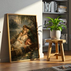 May include: A framed rectangular wall art print featuring a painting of two figures in a small boat on a dark, misty lake. One figure wears a white dress and the other a dark green garment. The scene includes a lantern, water lilies, and trees.