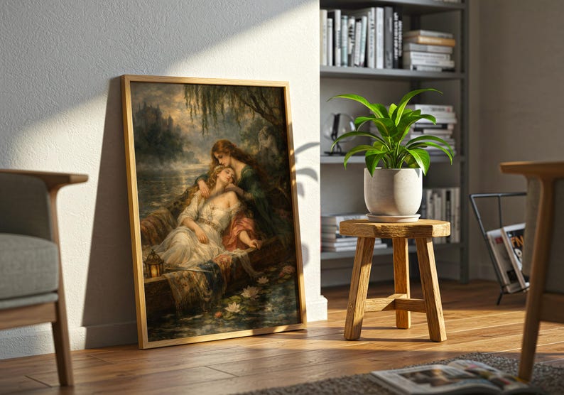 May include: A framed rectangular wall art print featuring a painting of two figures in a small boat on a dark, misty lake. One figure wears a white dress and the other a dark green garment. The scene includes a lantern, water lilies, and trees.