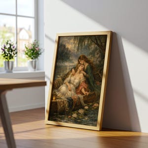 May include: A framed rectangular wall art print featuring a painting of two figures in a boat on a lake surrounded by water lilies. One figure wears a white dress and the other a dark green garment. The frame is a light gold metallic finish.