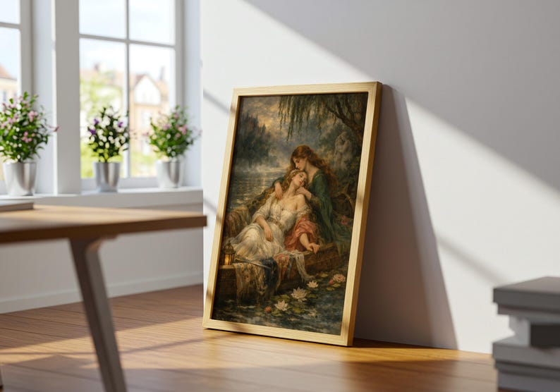 May include: A framed rectangular wall art print featuring a painting of two figures in a boat on a lake surrounded by water lilies. One figure wears a white dress and the other a dark green garment. The frame is a light gold metallic finish.