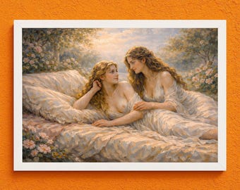 Romantic Sapphic Couple Art Print – Vintage Style Couple Painting (Digital Download)