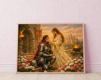 Sapphic Knight Golden Hour Print | Romantic Medieval Fantasy Castle Wall Art (Digital Download)