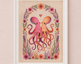 Whimsical Sapphic Octopus Watercolor Print, Romantic Sea Life Art (Digital Download)