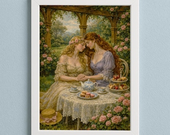 Victorian Garden Tea Party Art Print, Romantic Sapphic Couple Wall Art (Digital Download)