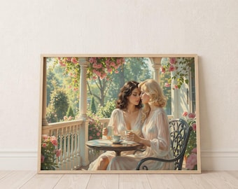 Sapphic Couple Garden Art, Romantic Lesbian Women Print, Cottagecore Decor (Digital Download)