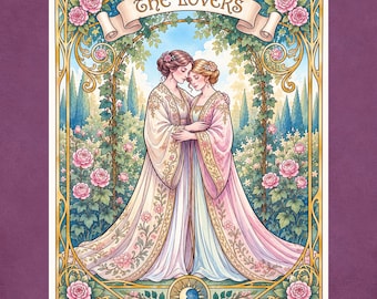 The Lovers Tarot Wall Art, Sapphic Art Nouveau Print, Lesbian Couple, Romantic Vintage Decor